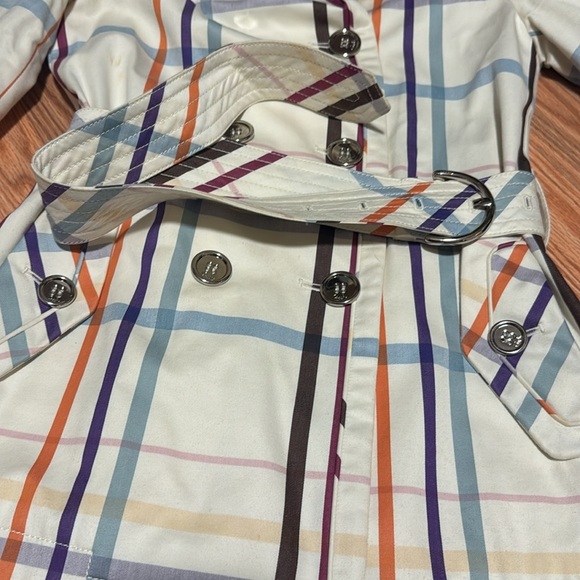 COACH Multicolor Plaid short Trench Coat belted jacket size 0 fall - Picture 3 of 10